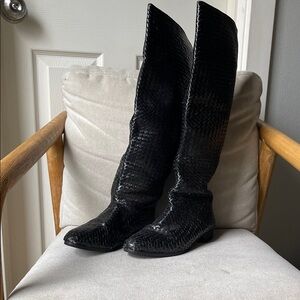 Vintage Black Basket Weave Knee High Boots